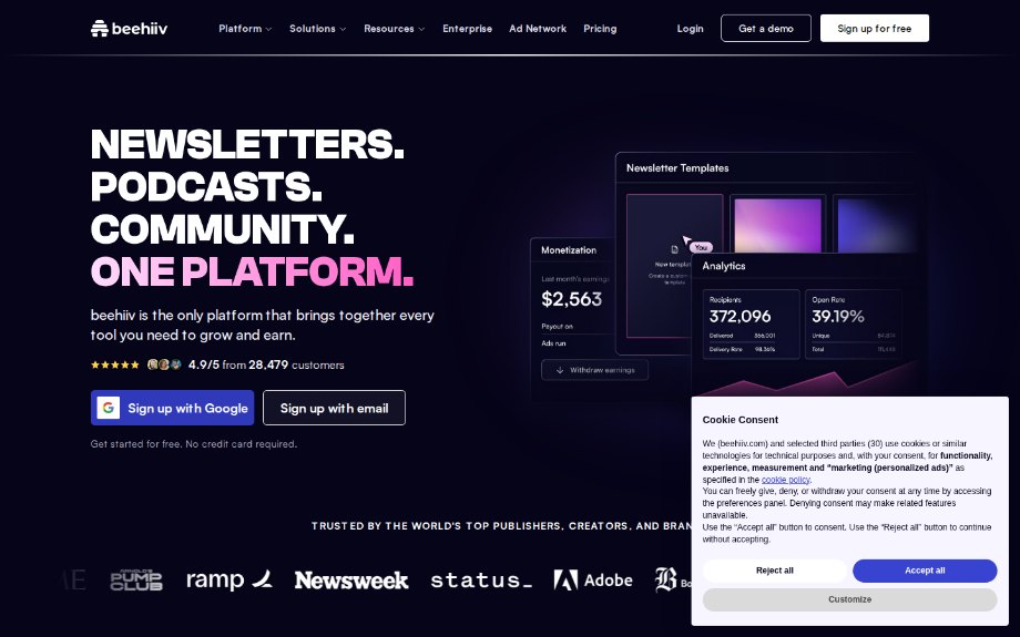 The beehiiv homepage above the fold, the subject of teardown #007