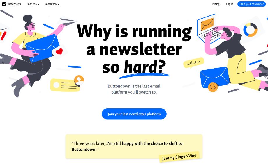 The Buttondown homepage above the fold, the subject of teardown #003