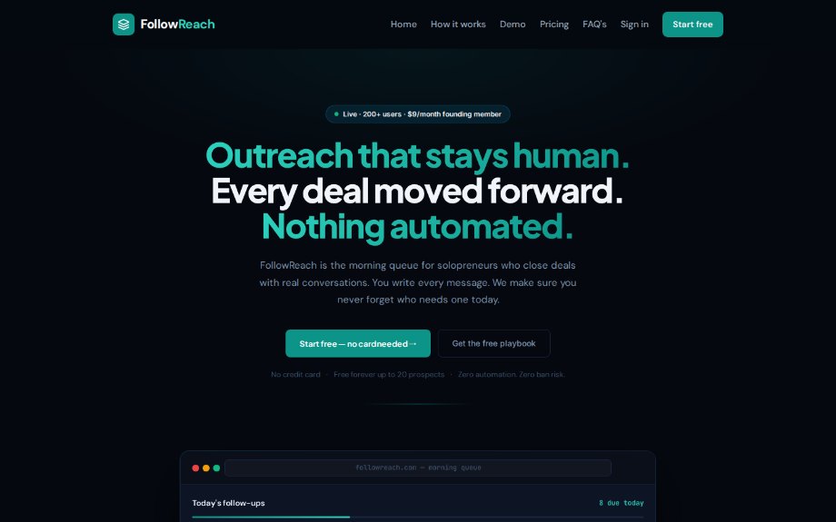 The followreach.com homepage above the fold, the subject of teardown #018