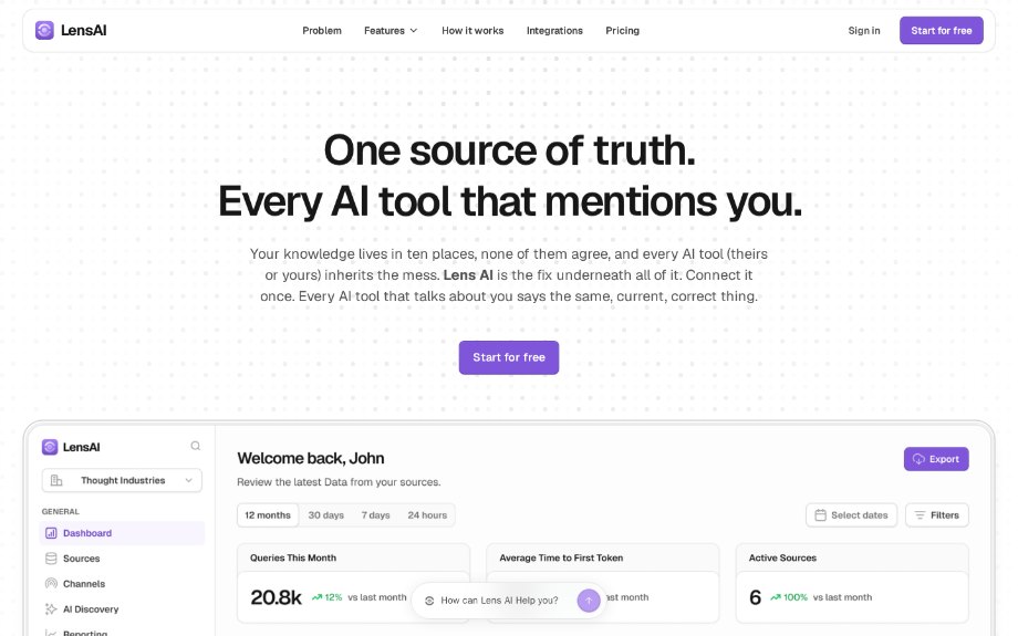 The knowledgelens.ai homepage above the fold, the subject of teardown #016