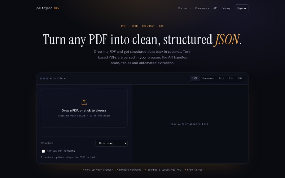 The pdftojson.dev homepage above the fold, the subject of teardown #017