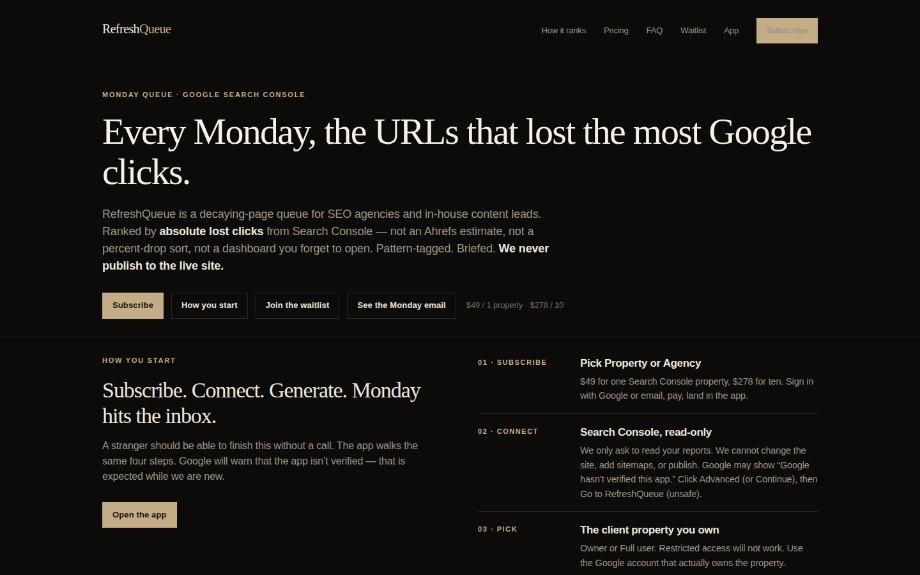 The RefreshQueue homepage above the fold, the subject of teardown #014