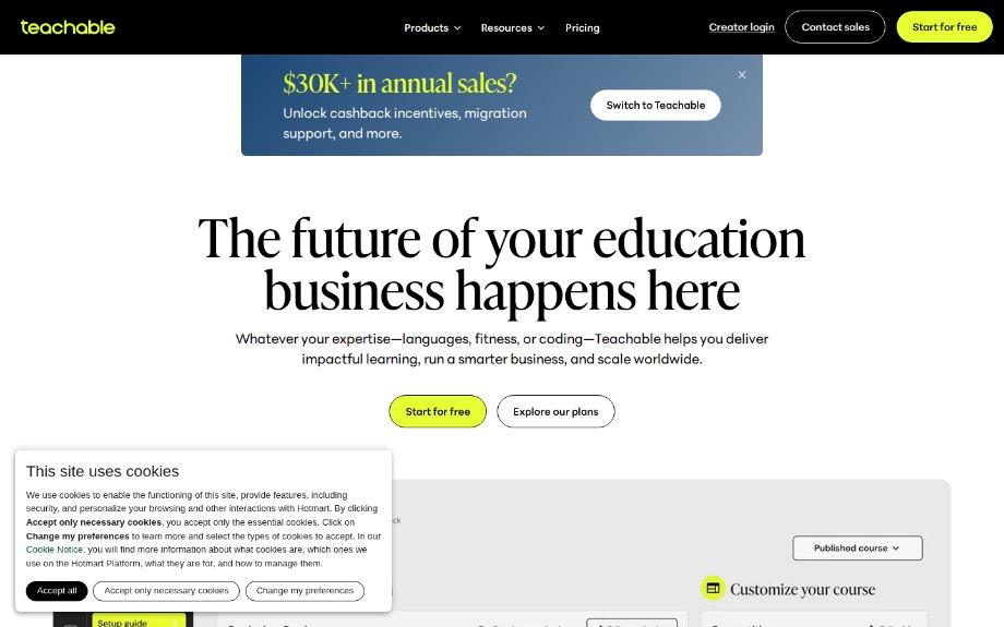 The Teachable homepage above the fold, the subject of teardown #006