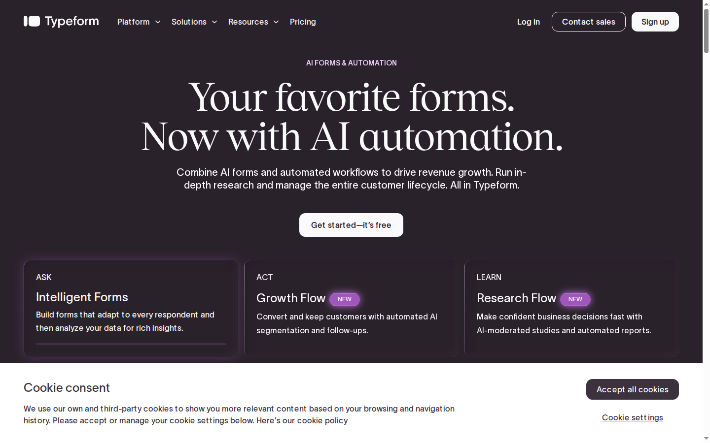 Dark hero with a centred serif headline, one white CTA button, three text cards in a row, and a cookie-consent strip pinned across the bottom.