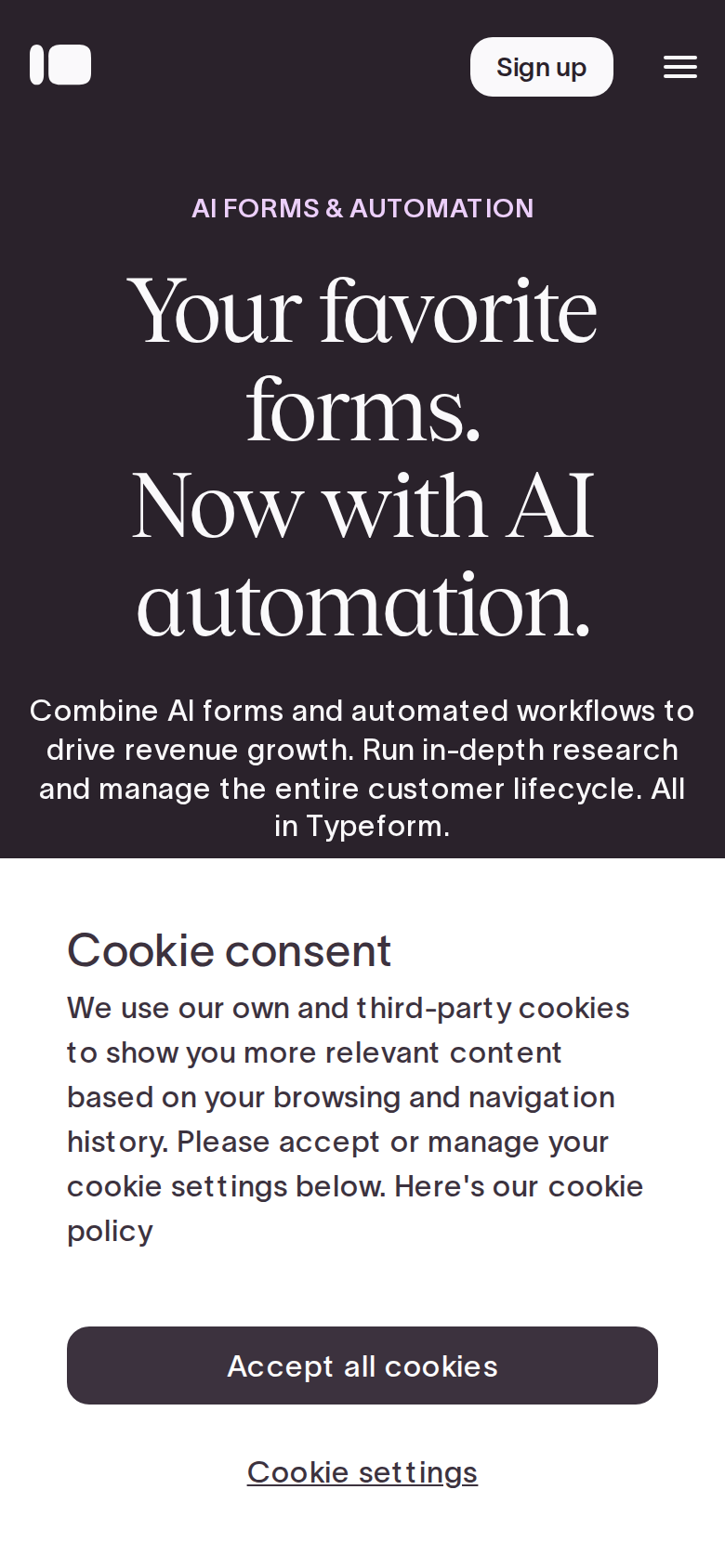typeform.com on mobile, with a cookie-consent sheet covering the bottom half of the screen and no signup button visible above it.