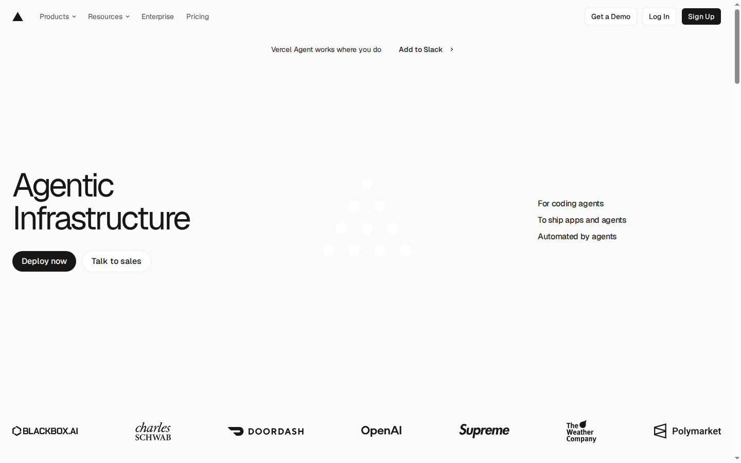A near-empty white page with a very large two-word headline on the left, one black pill button, and a row of famous company logos across the bottom.