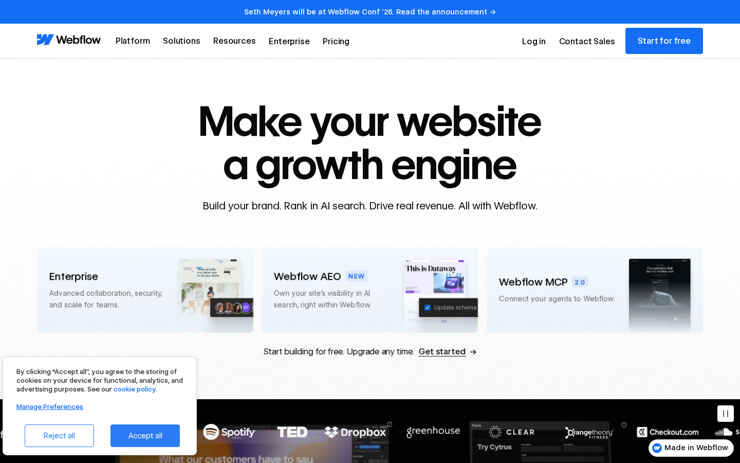 A clean white page with a very large centred headline, three equal product cards beneath it, an underlined text link below the cards, and a cookie consent panel at the bottom left over a clipped logo strip.