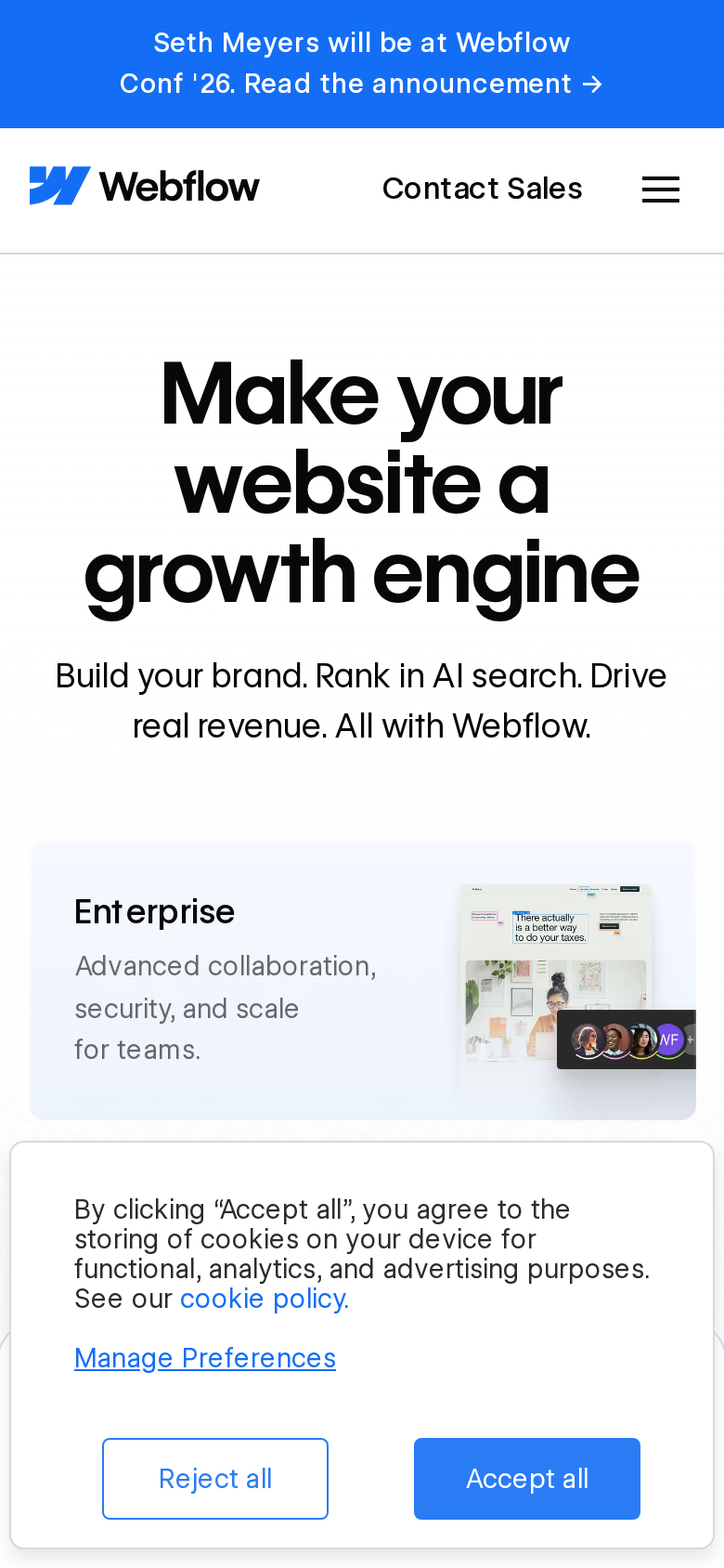 webflow.com on mobile: announcement bar, a header with only Contact Sales and a menu icon, a three-line headline, one product card, and a cookie consent panel covering the bottom third.