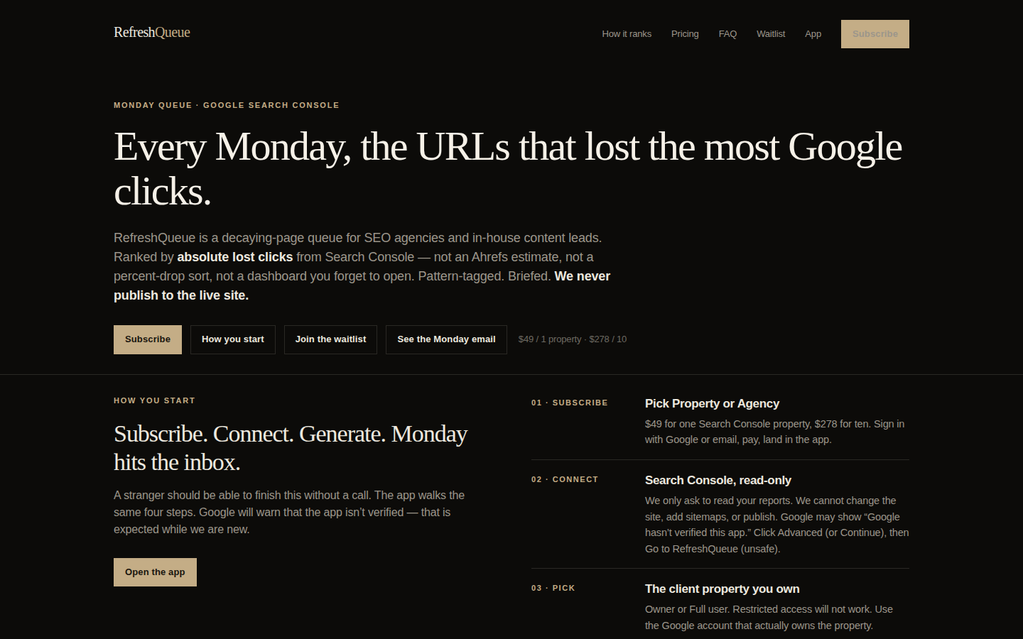 A dark, editorial hero: a gold eyebrow line, a large two-line serif headline running nearly the full content width, a paragraph filling the left two-thirds, and a row of four small buttons with a faint price note beside them. The area to the right of the paragraph is empty.