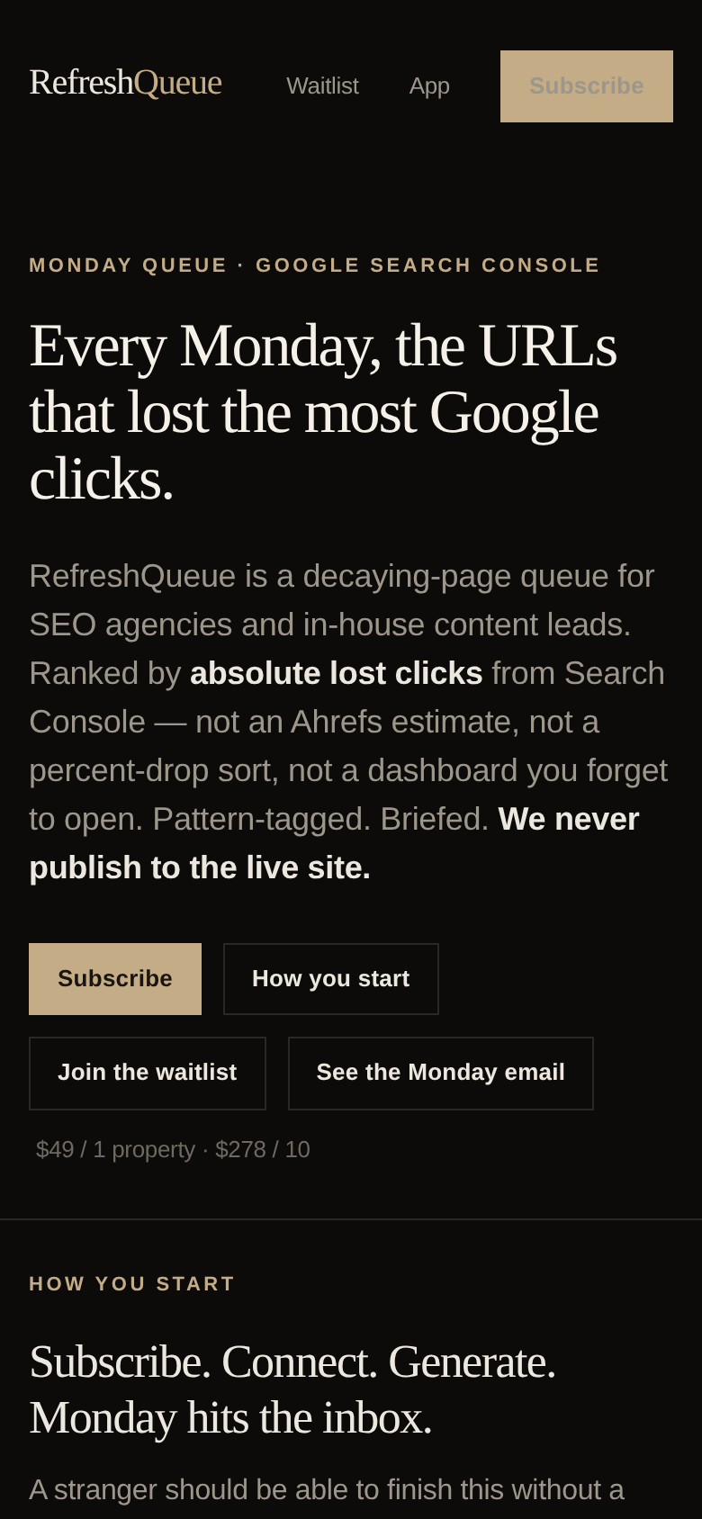 refreshqueue.com on mobile: a header with only Waitlist, App and Subscribe, a gold eyebrow, a three-line serif headline, seven lines of body copy, and four equal buttons arranged as a two-by-two grid.