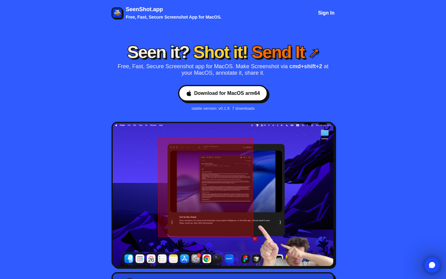 A bright blue page: a small logo and product name top-left, a Sign In link top-right, a large three-colour headline with a heavy black outline, two lines of supporting text, one white pill button, a small line of grey text under it, and a large framed screenshot of a Mac desktop filling the lower half.