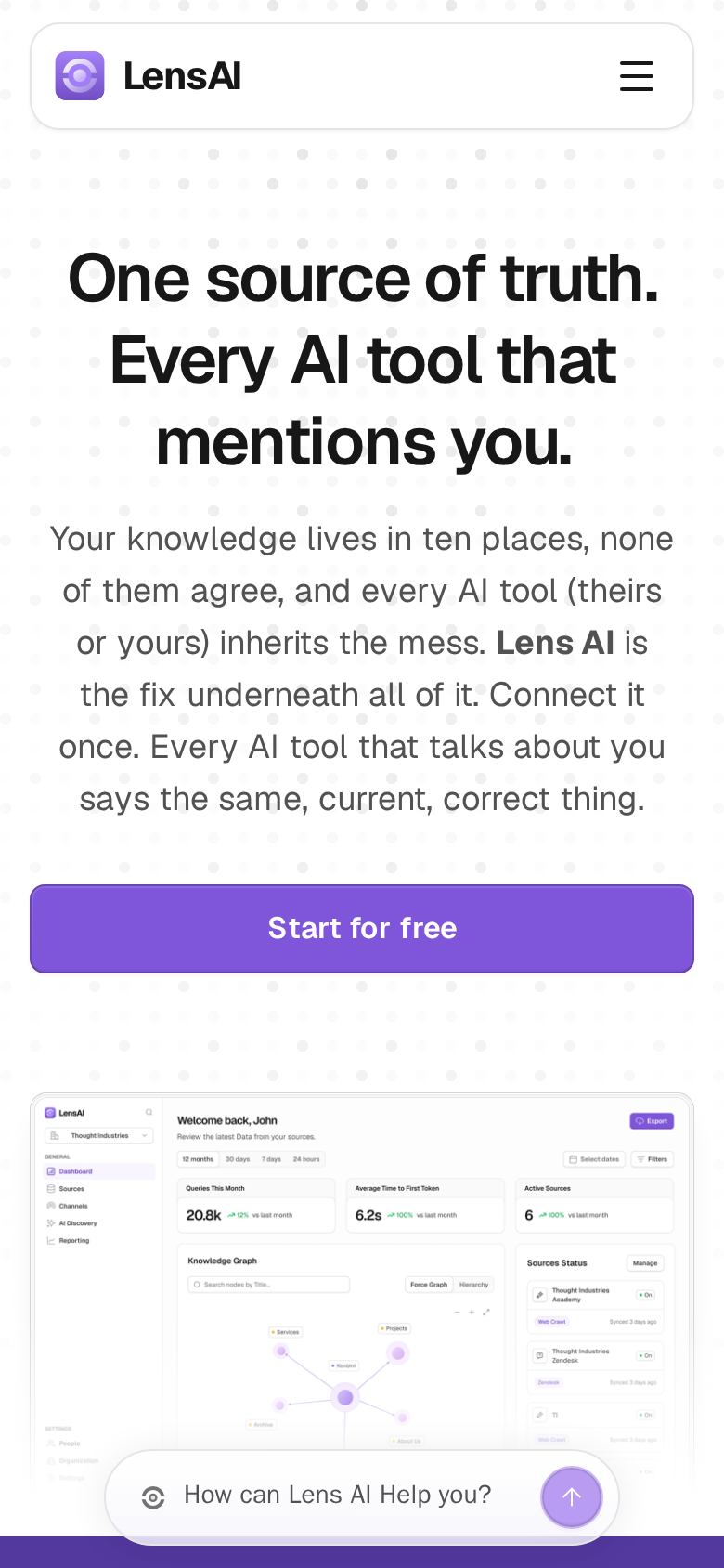 knowledgelens.ai on a phone: a header card with the logo and a hamburger icon, a three-line headline, six lines of body text, a full-width purple Start for free button, the top of the dashboard screenshot, a white chat pill floating over its lower part, and a purple band at the very bottom of the screen.
