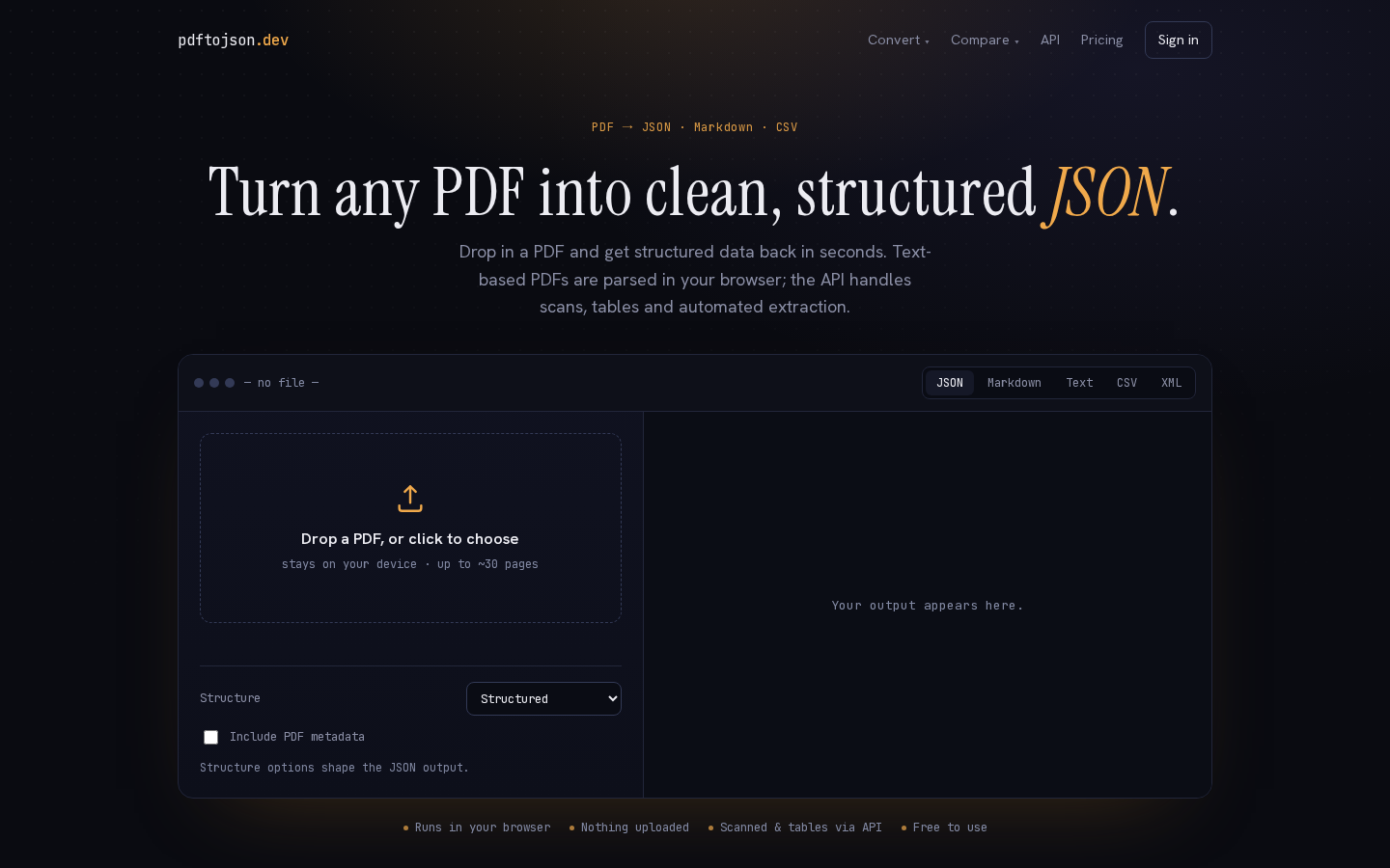 A near-black page with a faint dot grid: a small wordmark top left, four nav items and a bordered Sign in box top right, a gold monospace eyebrow, a large white serif headline ending in a gold italic JSON, three lines of grey subhead, then a wide dark converter card with a dashed upload box on the left, an empty output panel on the right, and a row of four small trust chips beneath it.