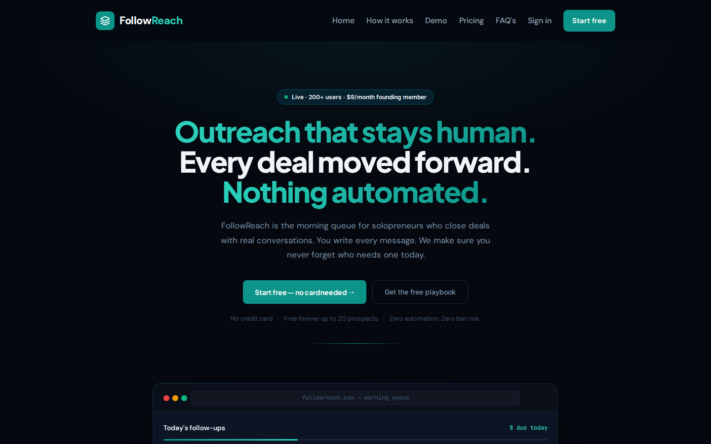 A near-black page: a small wordmark and six nav links top left and right with one teal button, a dark pill with a teal dot in the centre, a three-line headline in teal, white and teal, three lines of grey subhead, one solid teal button beside one outlined button, a faint grey line of microcopy, a thin rule, and the top edge of a browser mockup entering at the bottom.