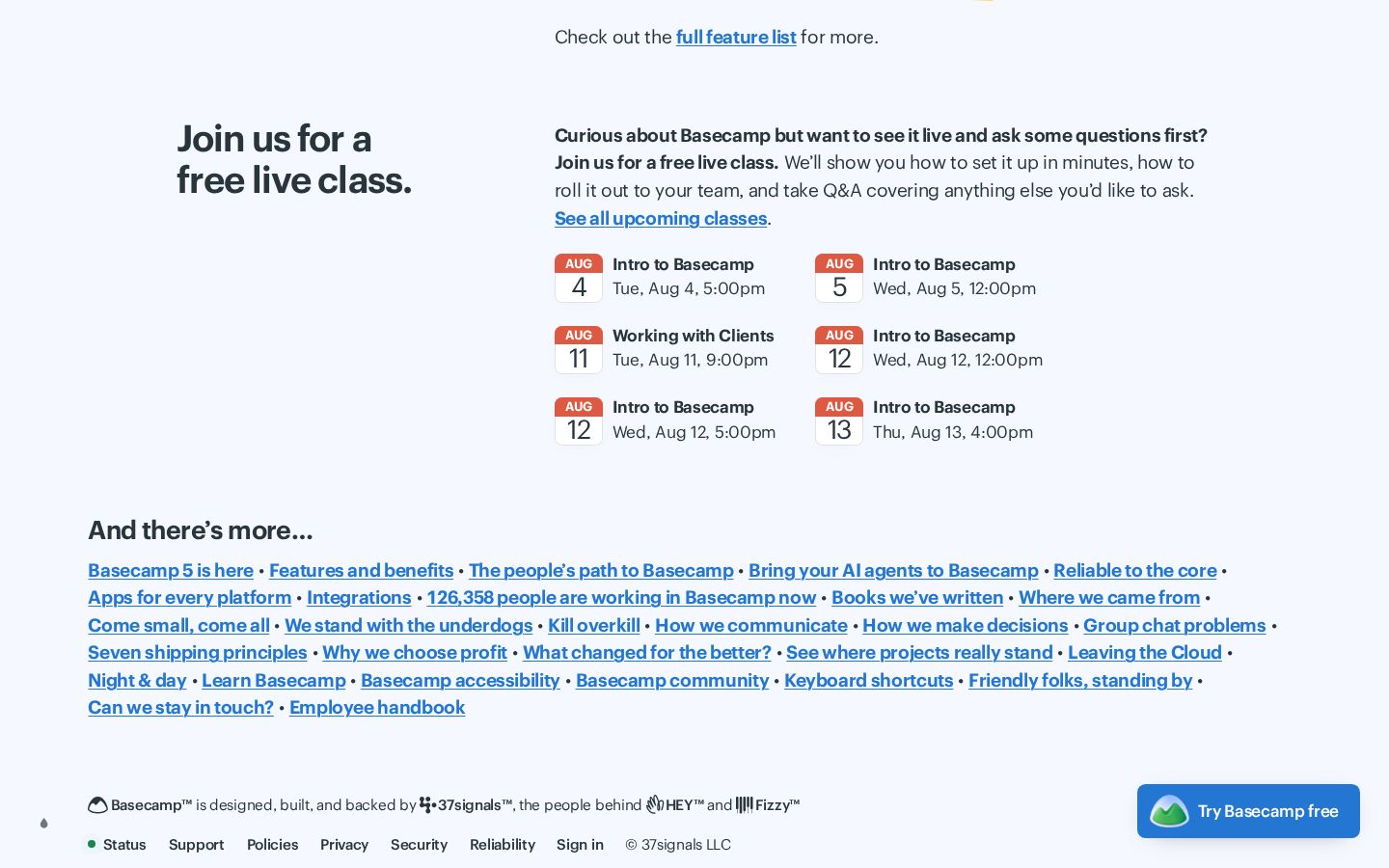 Basecamp free live classes, the And there's more link list, and the footer