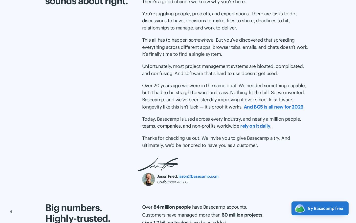 Jason Fried's letter on the Basecamp homepage, with signature and the floating Try Basecamp free pill