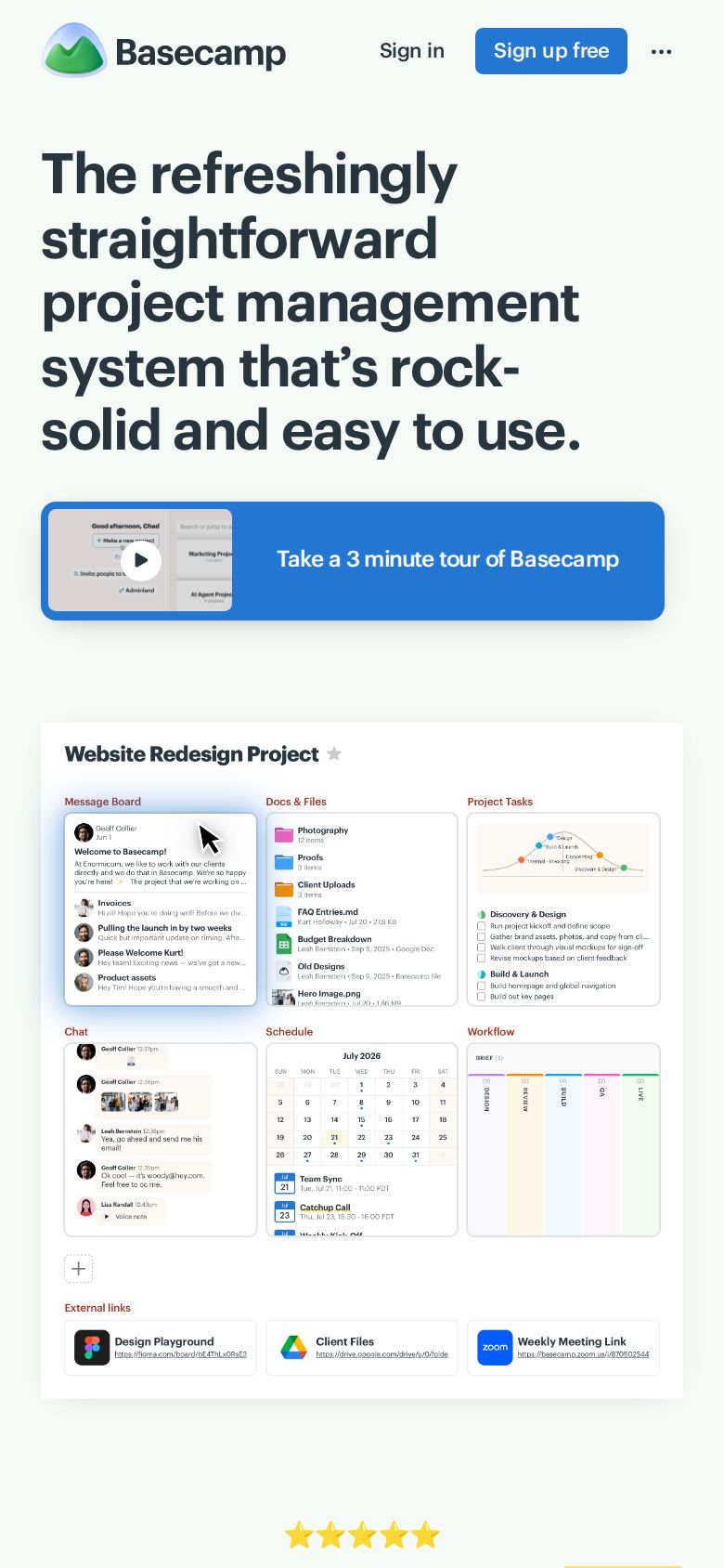Basecamp homepage on a 390px mobile viewport: the headline leads, then the tour, then the product screenshot