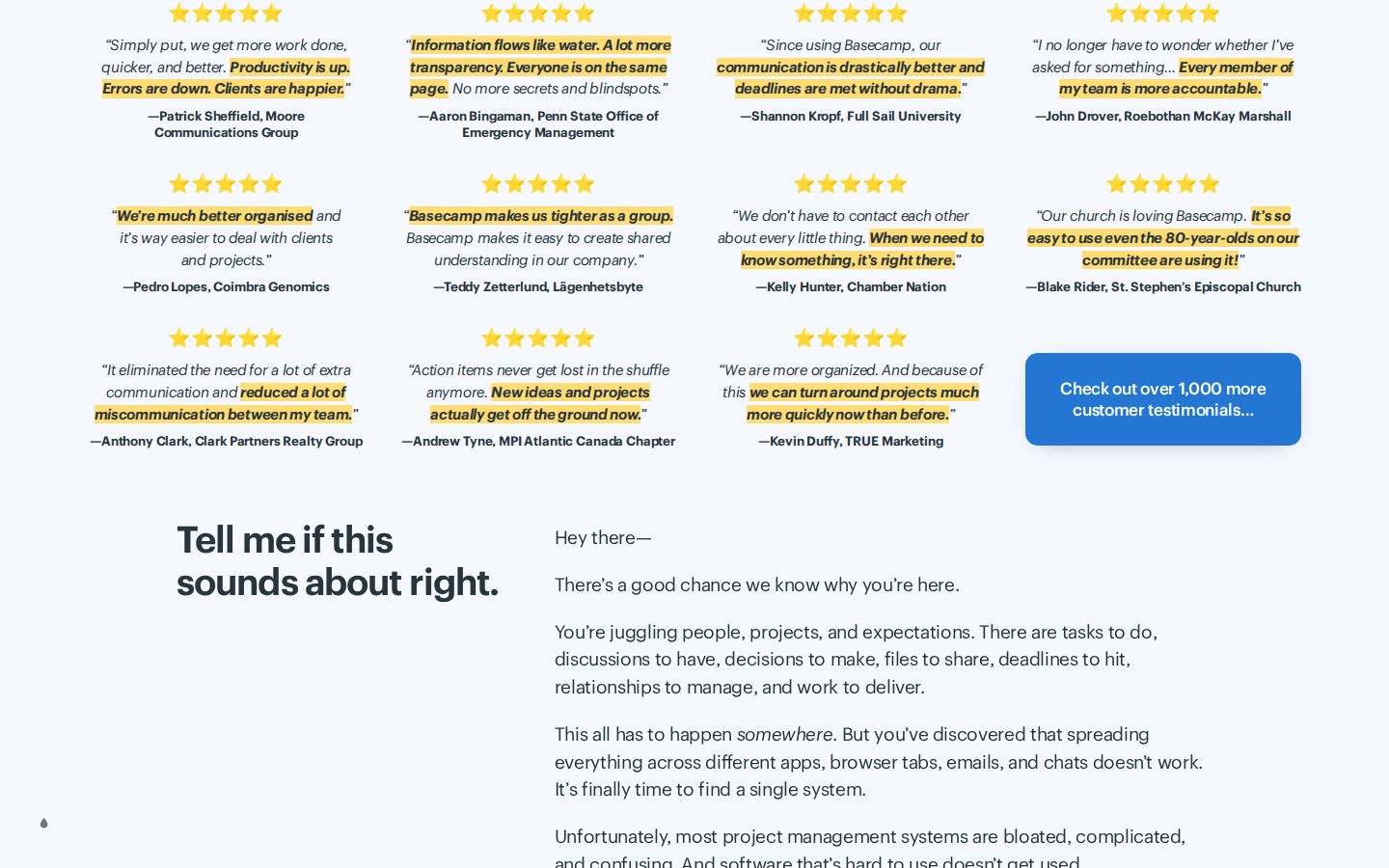 Basecamp testimonial wall: eleven five-star quotes with highlighter marks