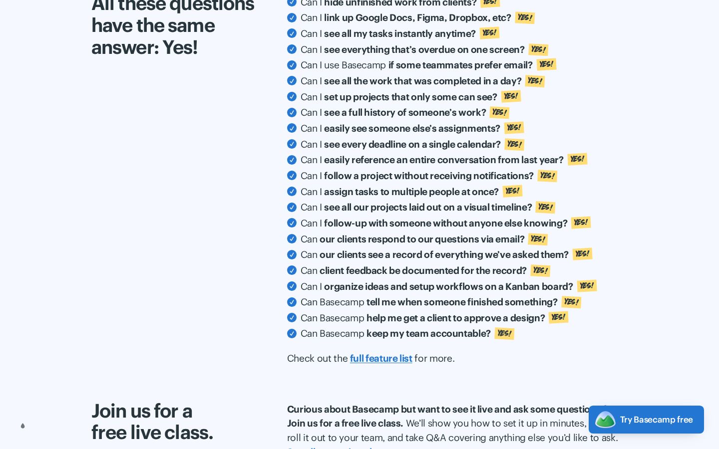 Basecamp's 'All these questions have the same answer: Yes!' section