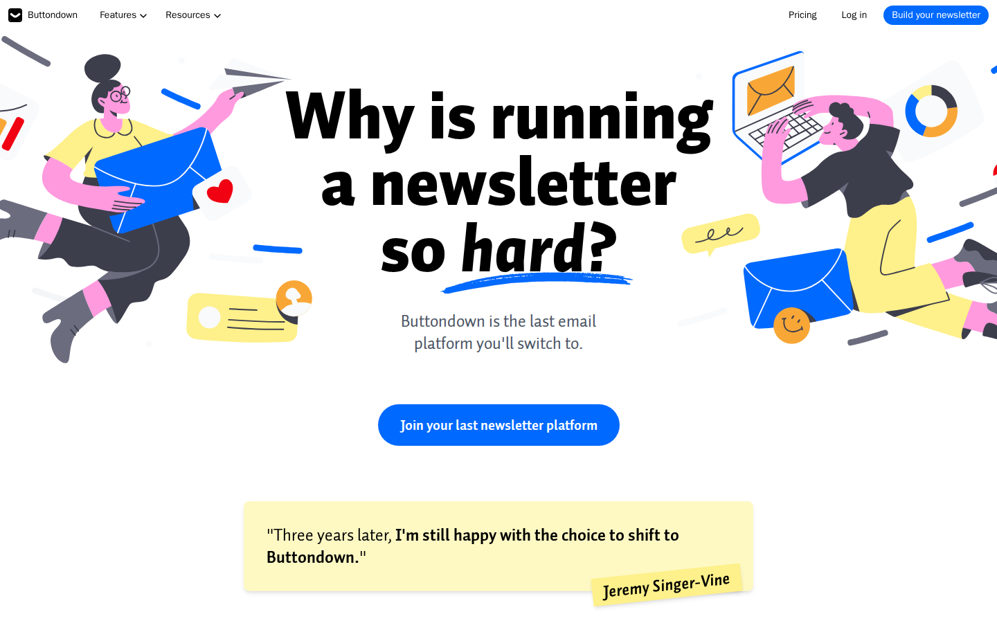 The Buttondown homepage above the fold, the subject of sample teardown #003