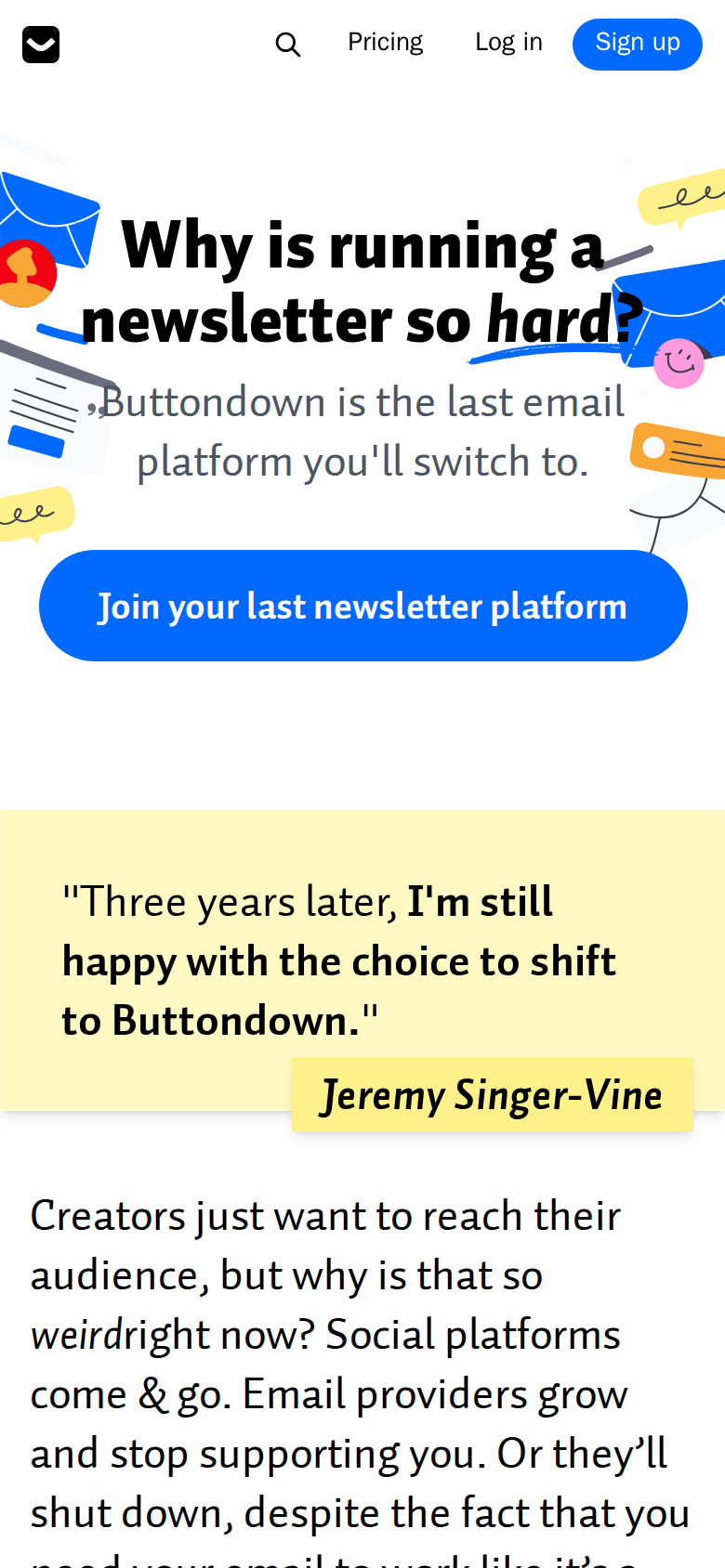 Buttondown homepage on a 390px mobile viewport