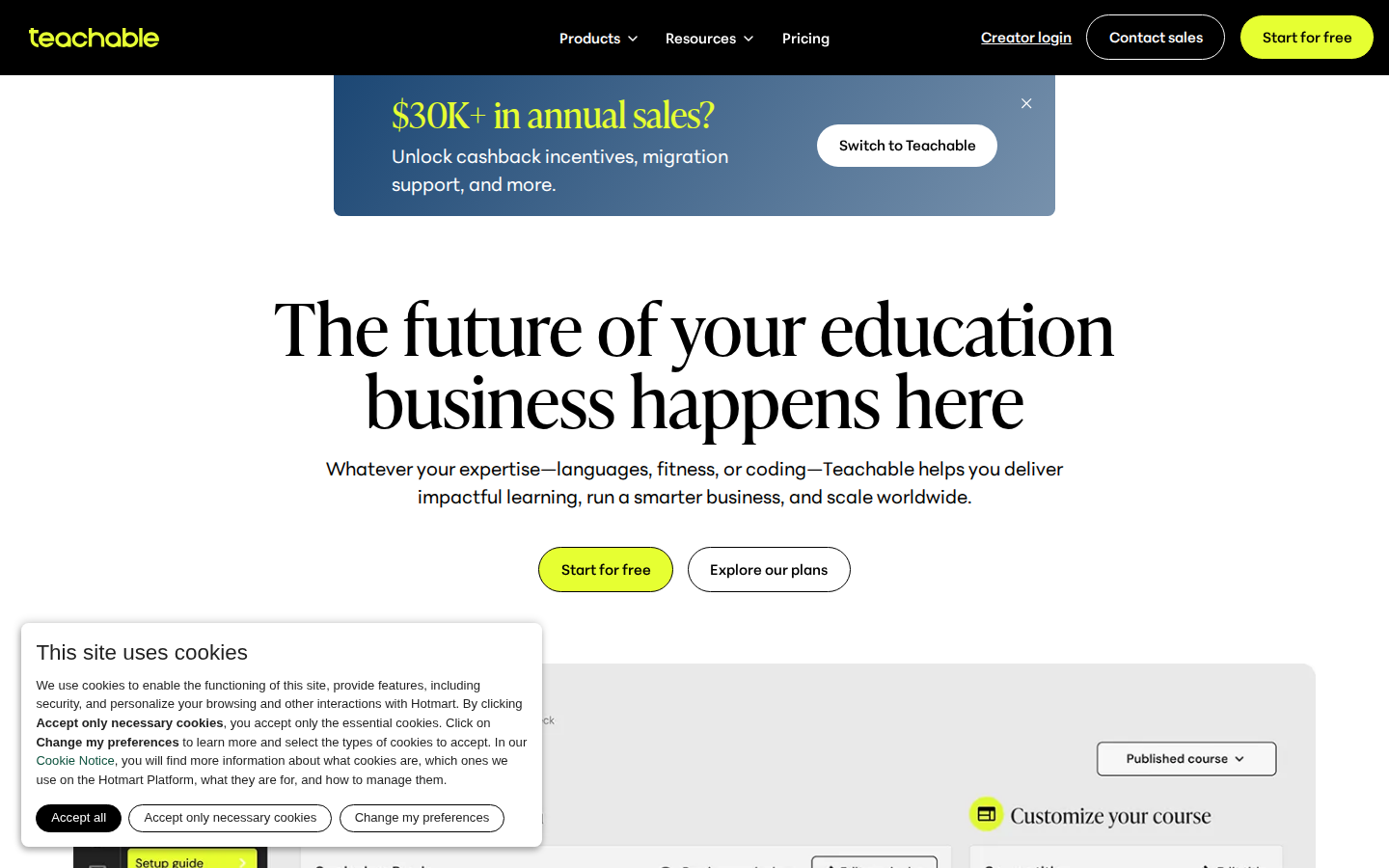 A black nav bar with a yellow button, a blue promo card, a very large two-line serif headline, one line of grey subhead, a yellow pill button beside an outlined pill button, and the top edge of a product screenshot behind a white cookie card.