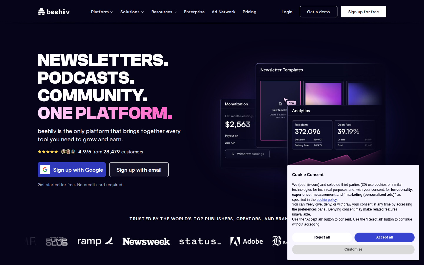 Dark navy hero: beehiiv wordmark and nav across the top, a four-line all-caps headline with the last line in pink, one sentence of body copy, a star rating with avatars, a blue Google sign-up button beside an outlined email sign-up button, and a light cookie consent panel over the lower-right product mockup.
