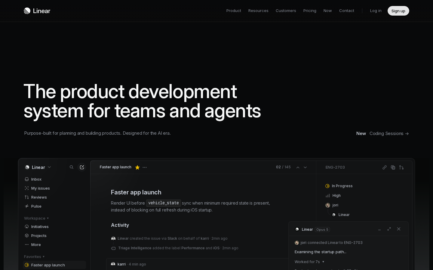 Dark hero with a very large two-line headline, a faint grey subhead, and the top edge of a product interface screenshot below it.