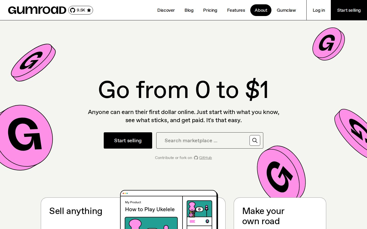 The Gumroad homepage above the fold, the subject of the sample teardown
