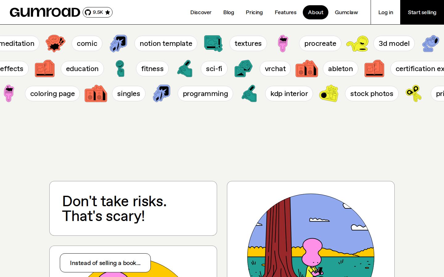 Gumroad tag marquee and 'Don't take risks. That's scary!' section