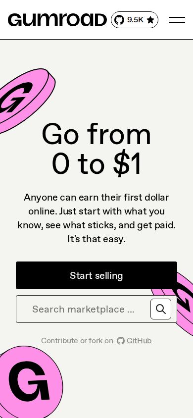 Gumroad homepage on a 390px mobile viewport